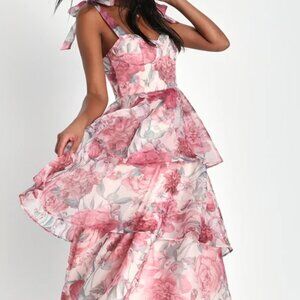 Playfully Posh Blush Floral Organza Tie-Strap Tiered Midi Dress (Size M)